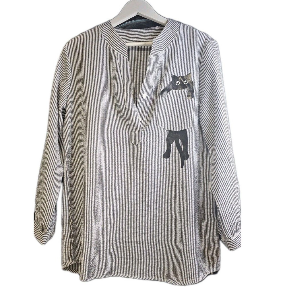 Whimsical Cat Applique Stripe Blouse Tunic Medium Seersucker Style 3/4 Sleeve